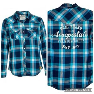 Aeropostale Mens M Plaid Long Sleeve Pearl Snap Button Up Shirt Blue Teal White